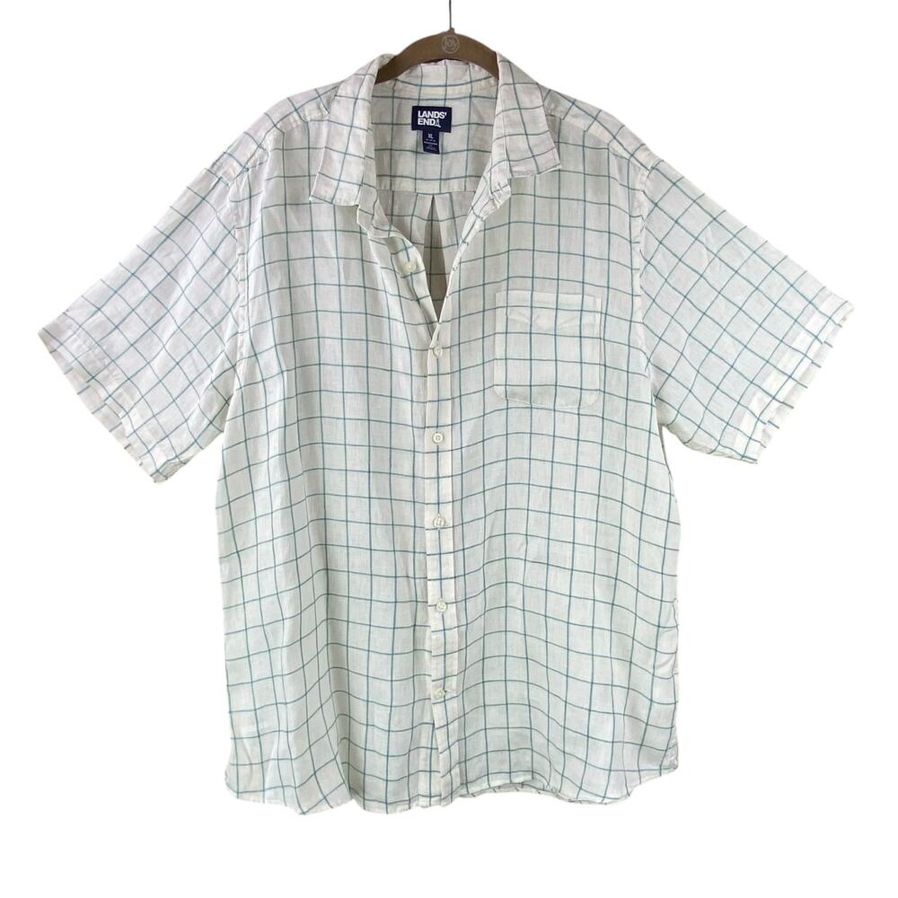 Lands' End 100% Linen Shirt Size XL Windowpane Check White Beach Resort